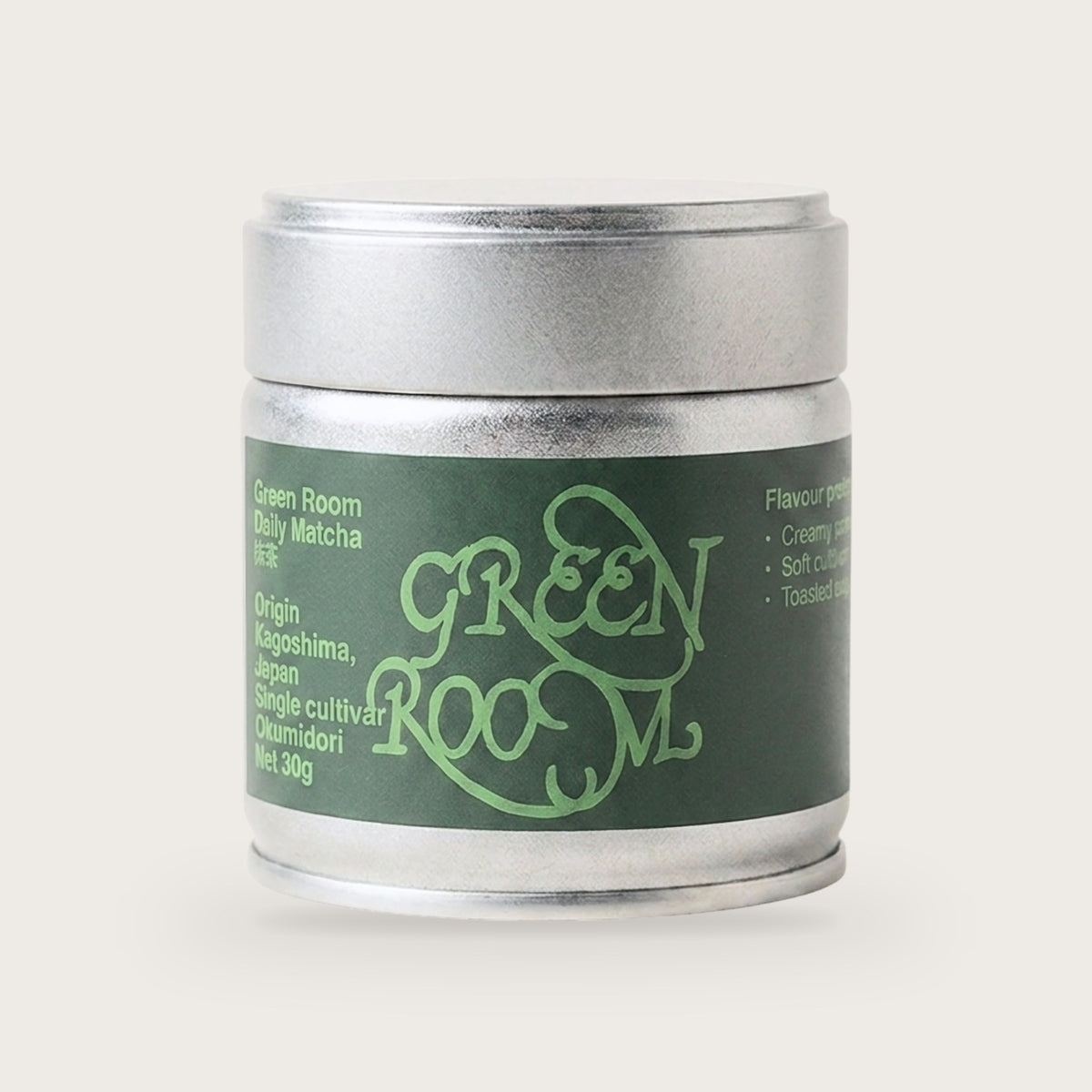 Green Room Daily Matcha Okumidori single-cultivar matcha powder in a 30 g tin