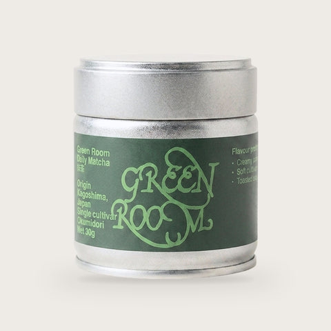 Green Room Daily Matcha Okumidori single-cultivar matcha powder in a 30 g tin