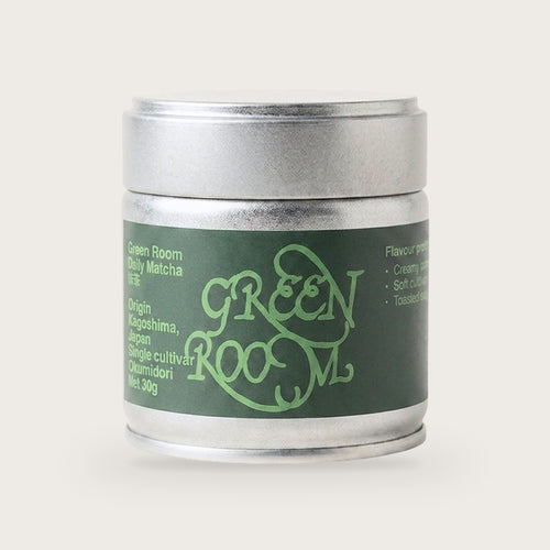 Green Room Daily Matcha Okumidori single-cultivar matcha powder in a 30 g tin
