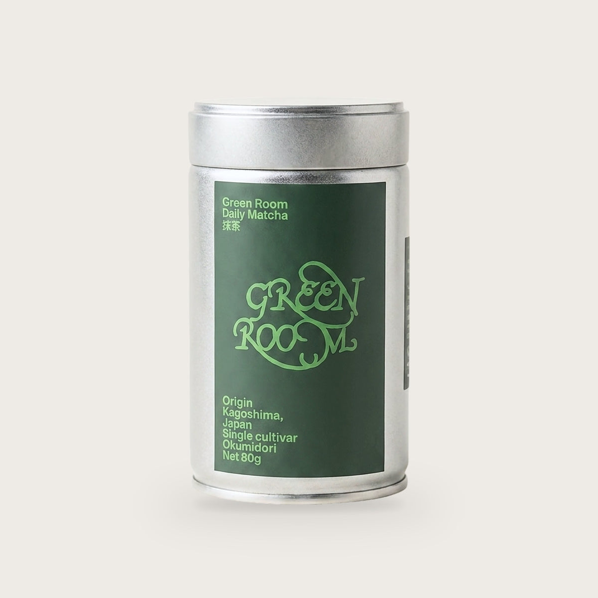 Green Room Daily Matcha Okumidori single-cultivar matcha powder in an 80 g tin