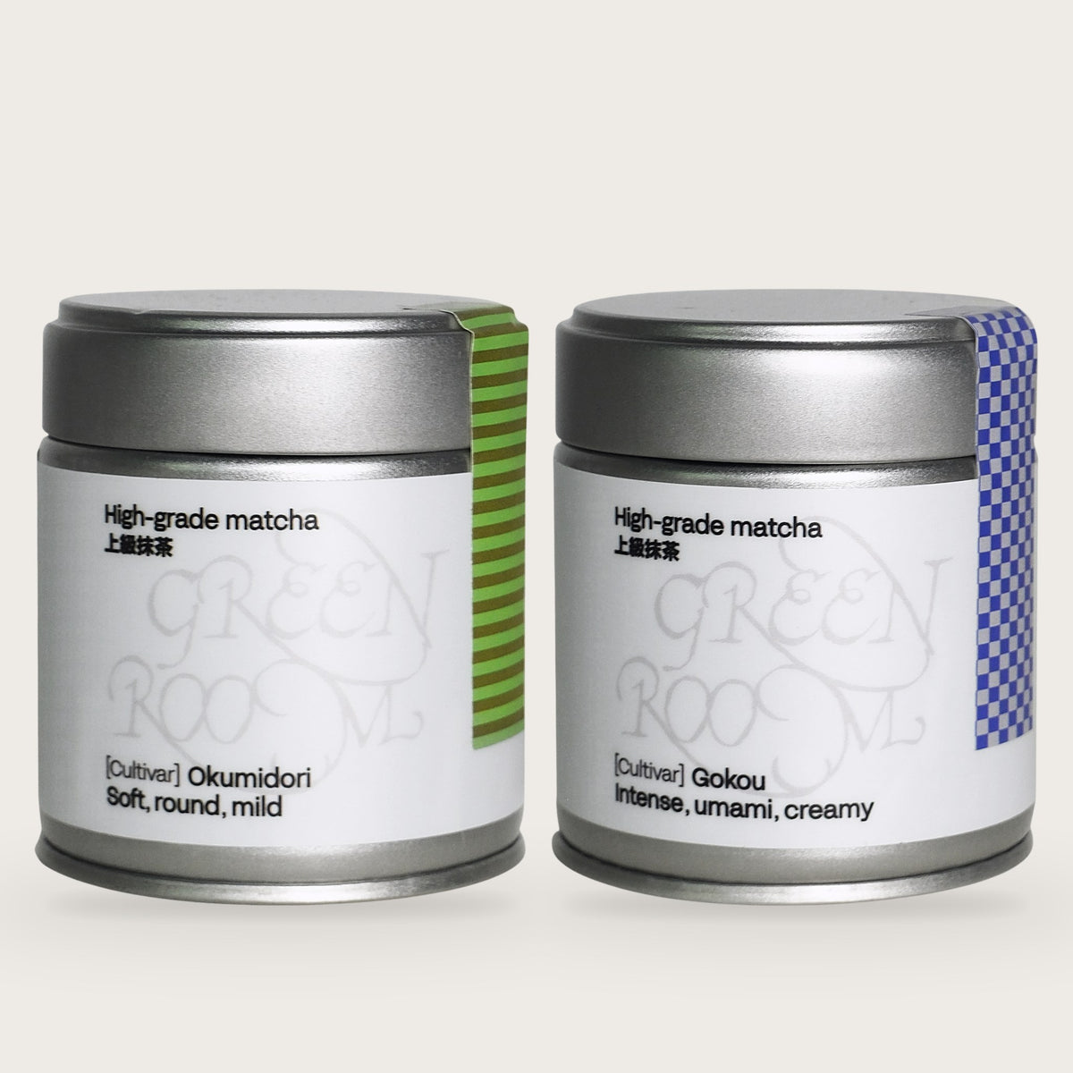 MATCHA DUO Umami Bomb: Green Room Okumidori and Gokou matcha in two 30 g tins