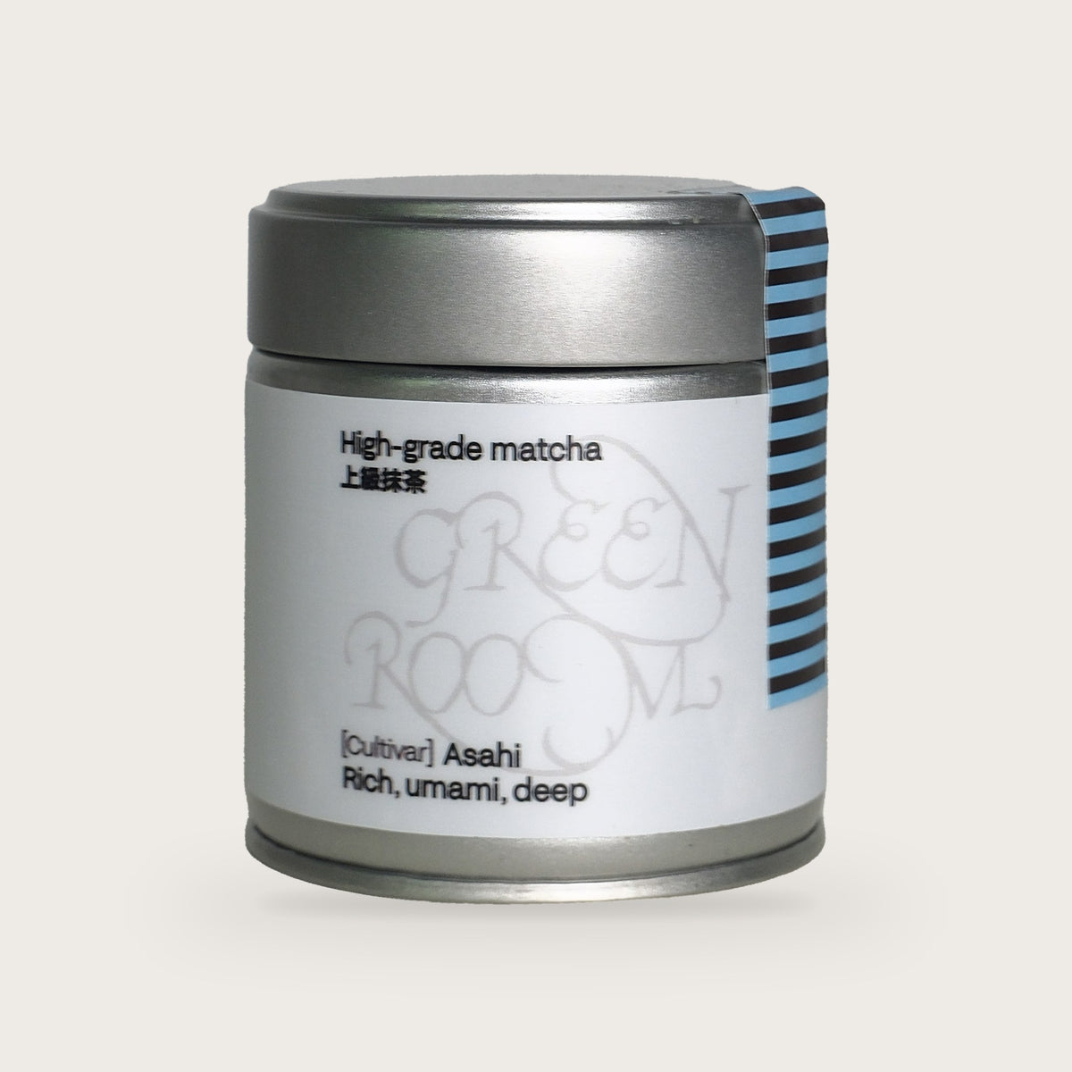 Green Room Matcha Asahi single-cultivar matcha powder in a 30 g tin