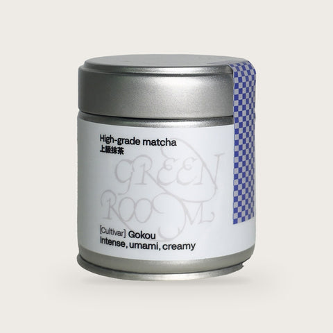 Green Room Matcha Gokou single-cultivar matcha powder in a 30 g tin