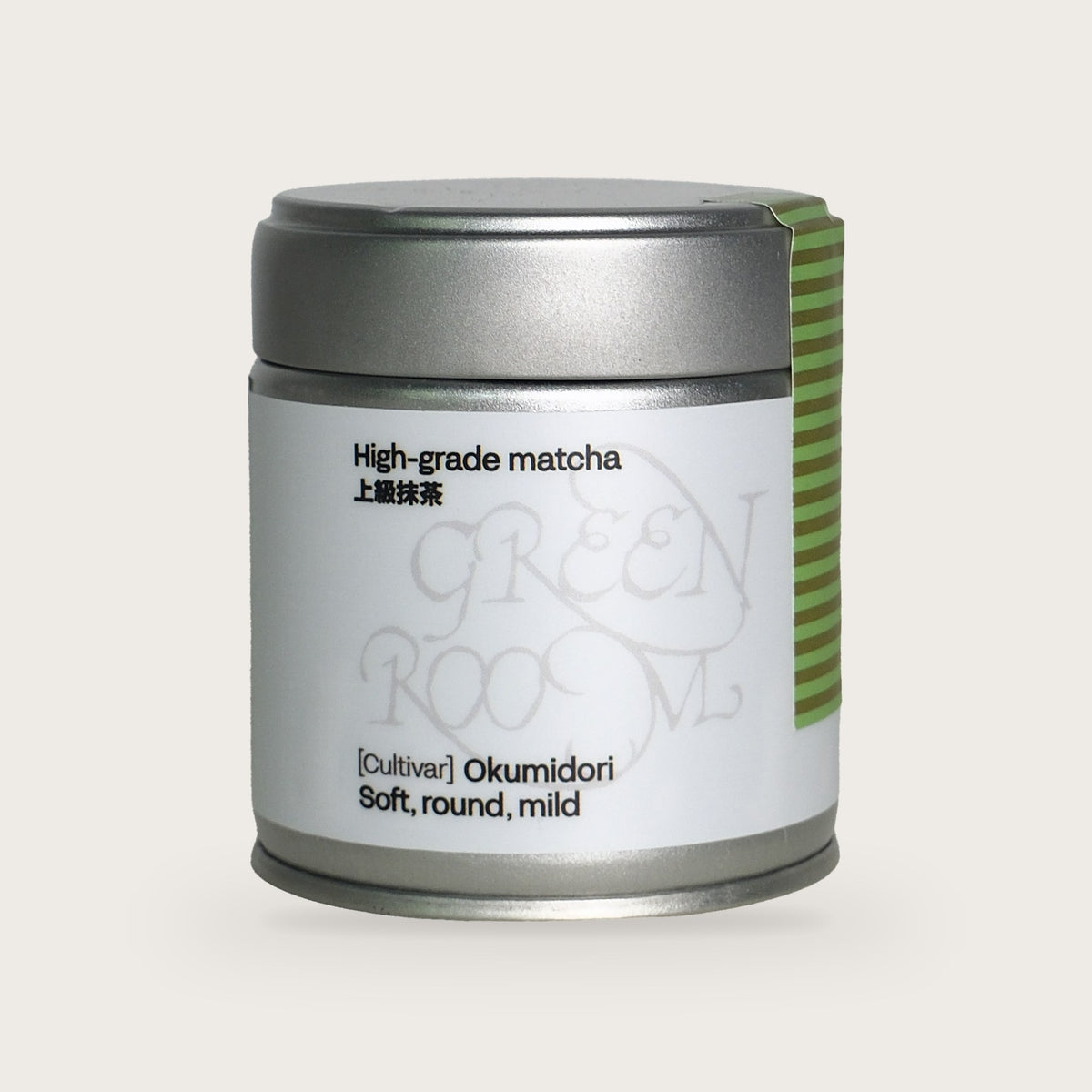 Green Room Matcha Okumidori single-cultivar matcha powder in a 30 g tin