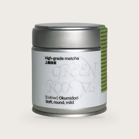 Green Room Matcha Okumidori single-cultivar matcha powder in a 30 g tin