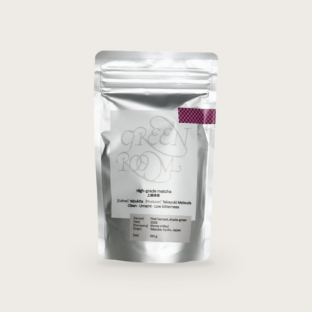 Green Room Matcha Yabukita single-cultivar matcha powder in a 100 g resealable pouch