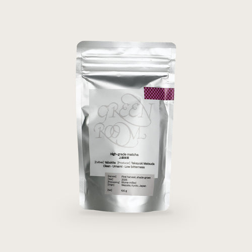 Green Room Matcha Yabukita single-cultivar matcha powder in a 100 g resealable pouch
