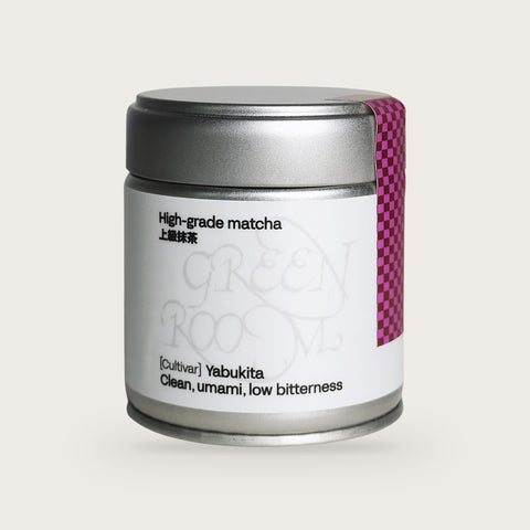 Green Room Matcha Yabukita single-cultivar matcha powder in a 30 g tin