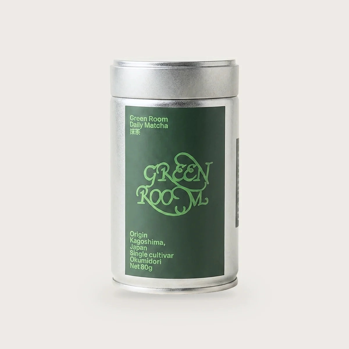 Green Room Daily Matcha Okumidori single-cultivar matcha powder in an 80 g tin